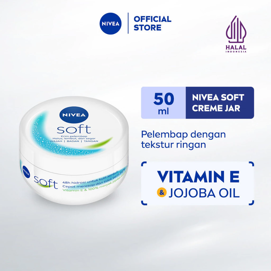 NIVEA Soft Creme Jar Krim Pelembap Dengen Texture Ringan 50ml - Handbody Lotion Melembabkan Badan Wajah Tubuh Tangan Body Care Moisturizing Kulit Kering Halus Memperbaiki Skinbarrier Secara Intensive - Vitamin E Dan Jojoba Oil, Menutrisi