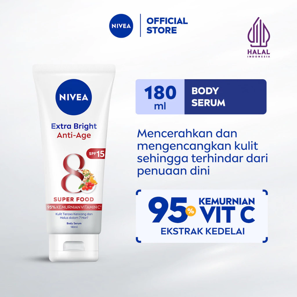NIVEA Body Serum Extra Bright Anti Age SPF 15 180ml - Handbody mengencangkan kulit kendur body care lotion glowing brightening mencerahkan halus kencang anti aging - UVA/UVB Filter, Vitamin C, Soybean Extract, Triple UV Protection