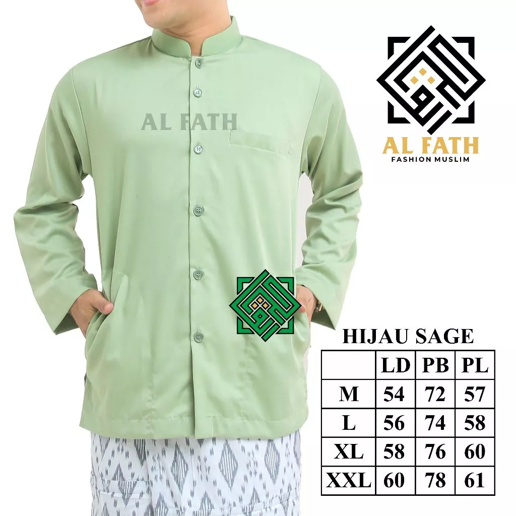 Al Fath Fashion Baju Koko Pria Lengan Panjang Haibah Saku Samping Hijau Sage Polos Dewasa