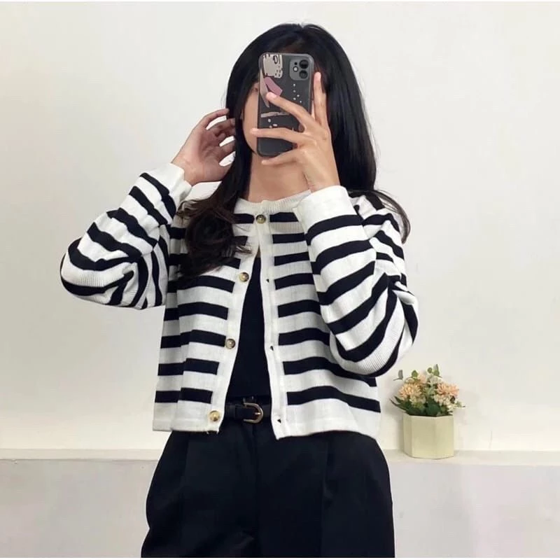 basic id fashion Cardigan want stripe / cardigan want Korean style long sleeve
