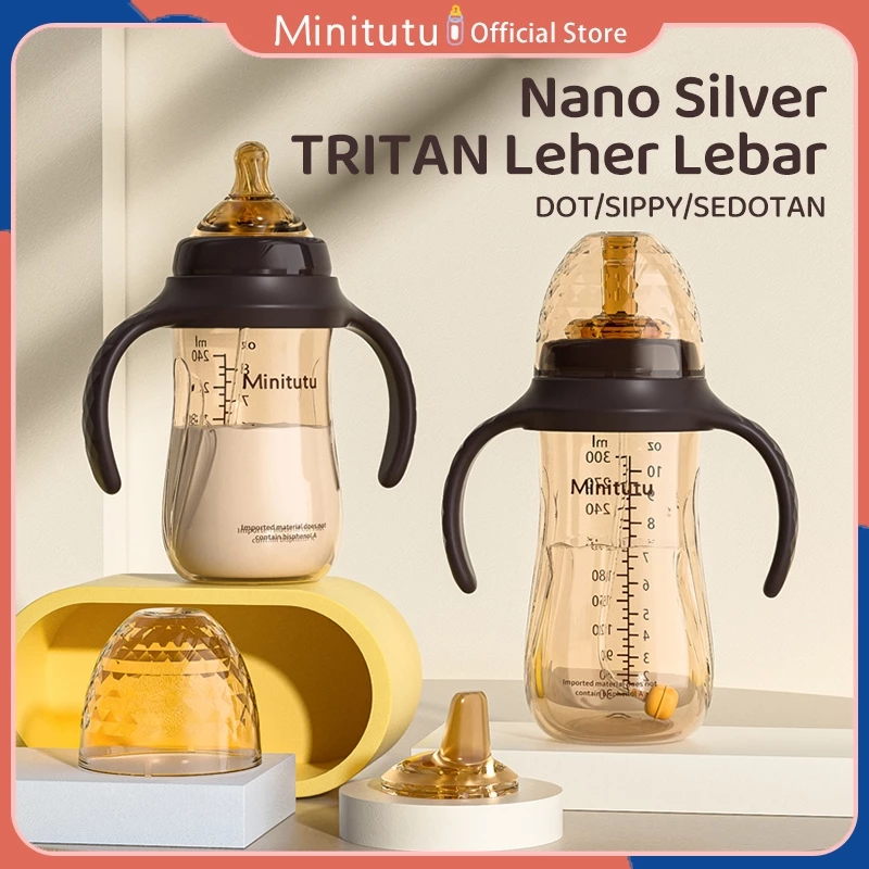 Minitutu Nano Silver Botol Susu Bahan Tritan 3 IN 1 Leher Lebar 240ml / 300ml untuk Bayi Anti Kolik Bebas BPA