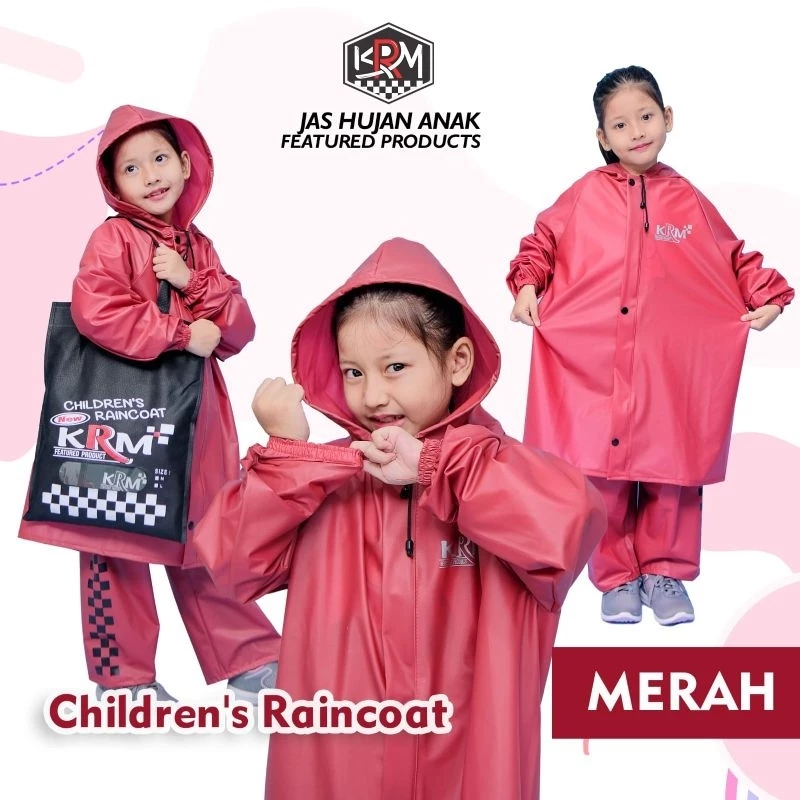 KRM JAS HUJAN SETELAN BAJU CELANA MANTEL MOTIF KOTAK KOTAK WATERPROOF MERAH