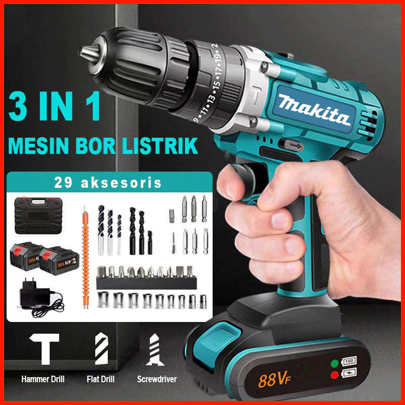 Bor Listrik Cordless 88VF 2 Baterai 10mm