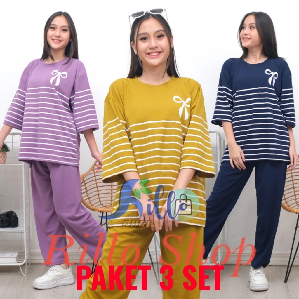 RILLO - PAKET HEMAT 3 SET !!! Setelan Ld 120 Oversize Wanita motif Ribbon Salur