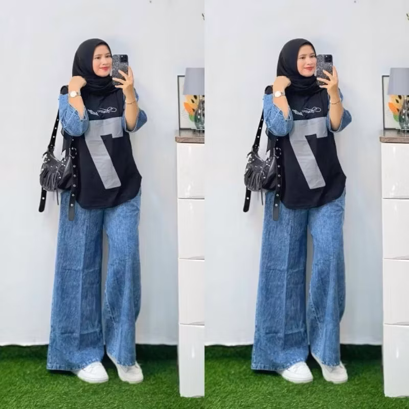 Setelan Jeans XL,XXL Wanita Dewasa Atasan Combed 24s Celana Jeans Kulot Cargo, Setelan Wanita Kekini