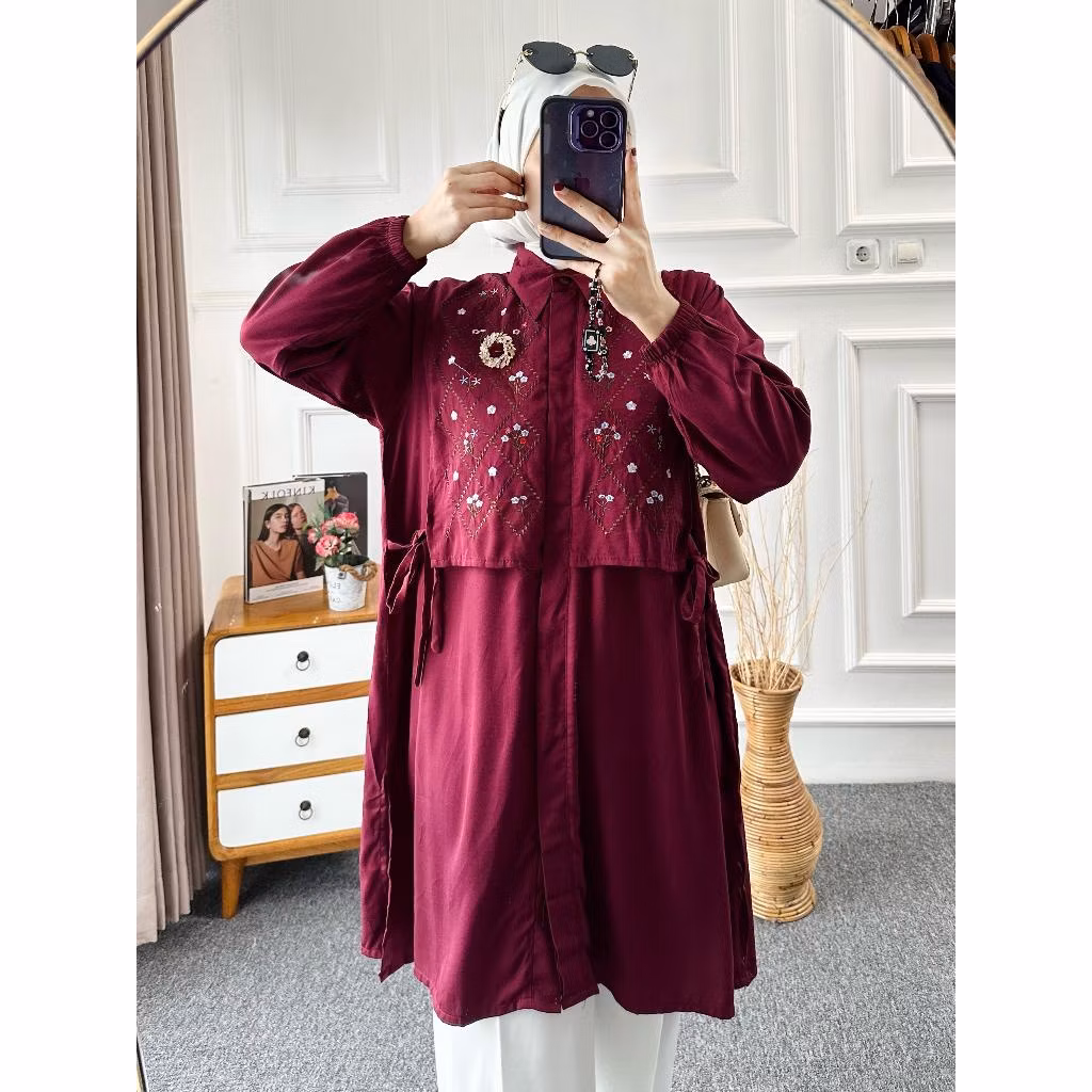 Joana Tunik Bordir Rayon Twill Motif Rompi Atasan Wanita Lengan Kerut