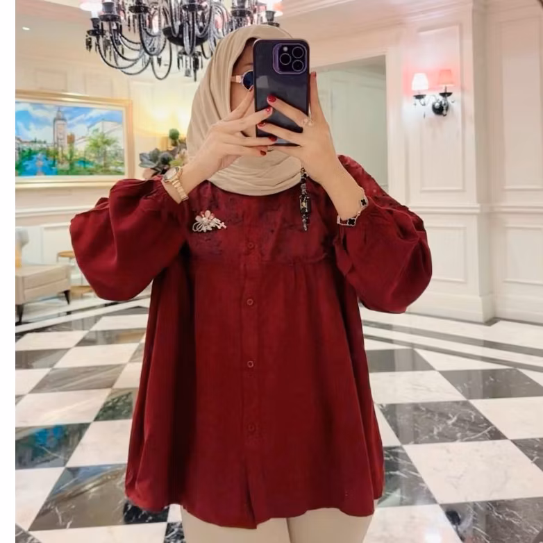 Ruby Blouse Katbol Korean Style Kemeja Wanita Kombinasi Bordir & Ruffle Lengan Balon Bahan Rayon Twi