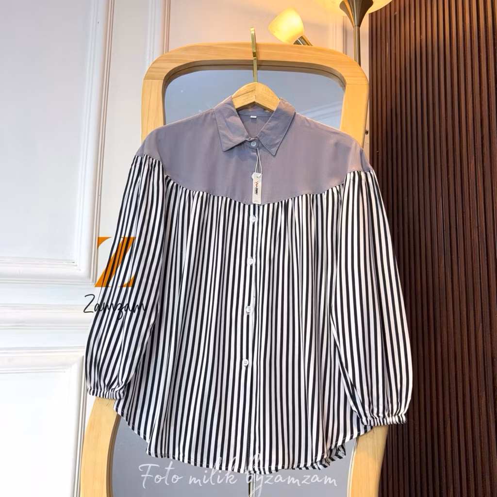 Selina Blouse Kemeja Salur Rayon Twill Elegan