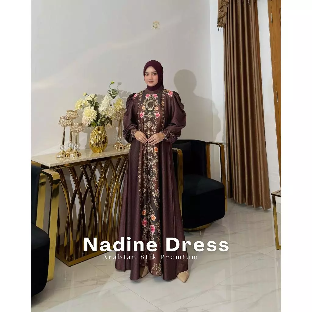 araz Label - NADINE DRESS (TANPA HIJAB) Busana Muslim Wanita Dress Armany Silk Printing Sultan Gamis Silk Mewah Tren Lebaran 2026