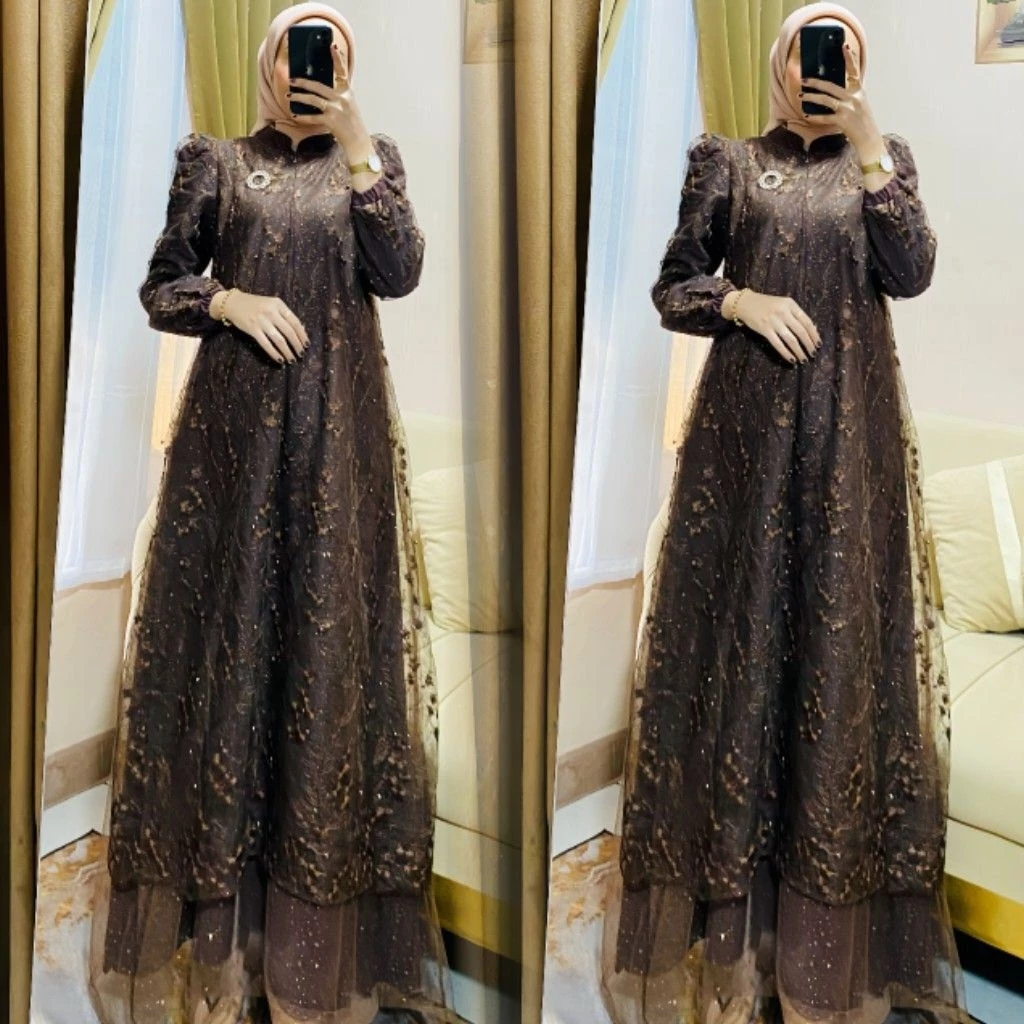 Kinan Dress Burkat Mix Tile Rain drop Dress Pesta Mewah Elegan Busui Frendly