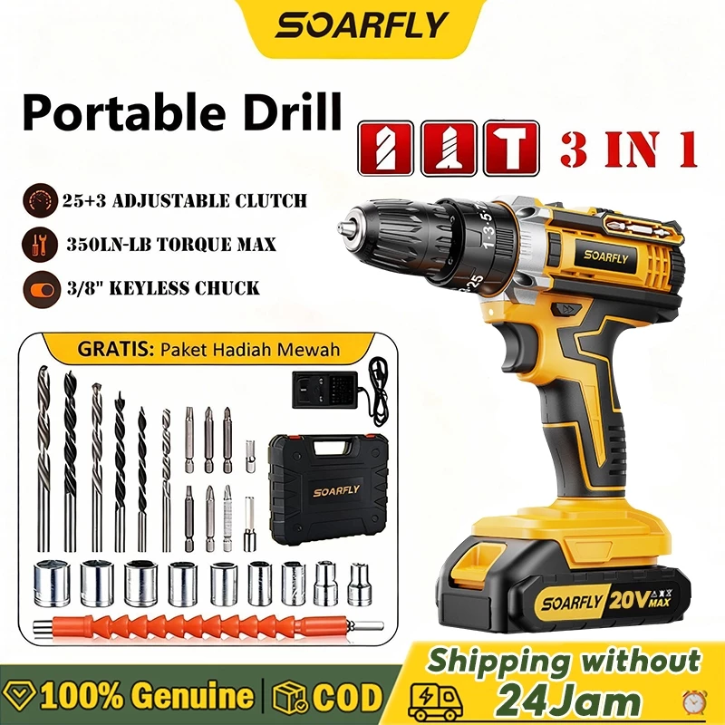 62. SOARFLY 20V Mesin Bor 2Baterai Bor Tanpa Kabel