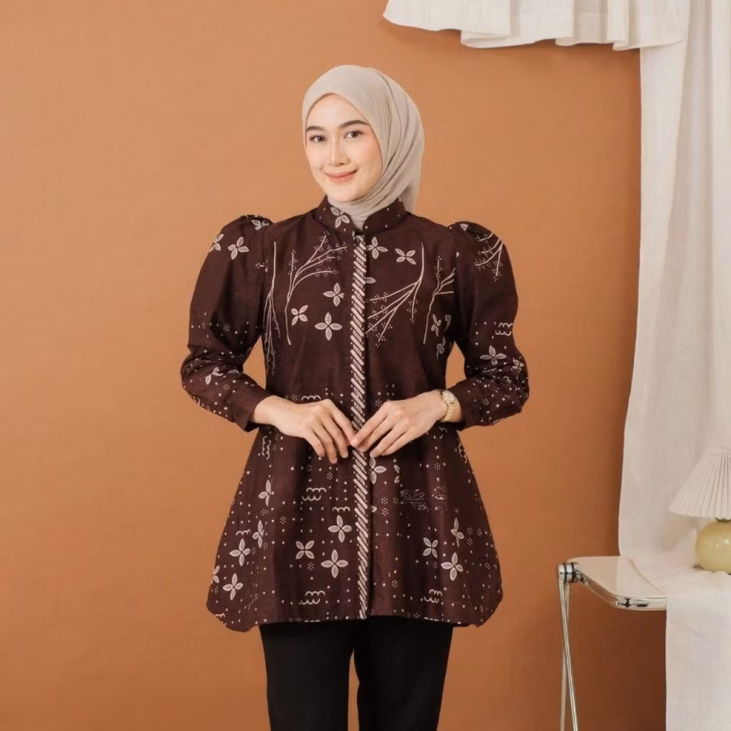 Blouse Batik Wanita Lengan Panjang Balon Burgundy Modern Baju Batik Atasan Batik Kerja Baju Batik Wa